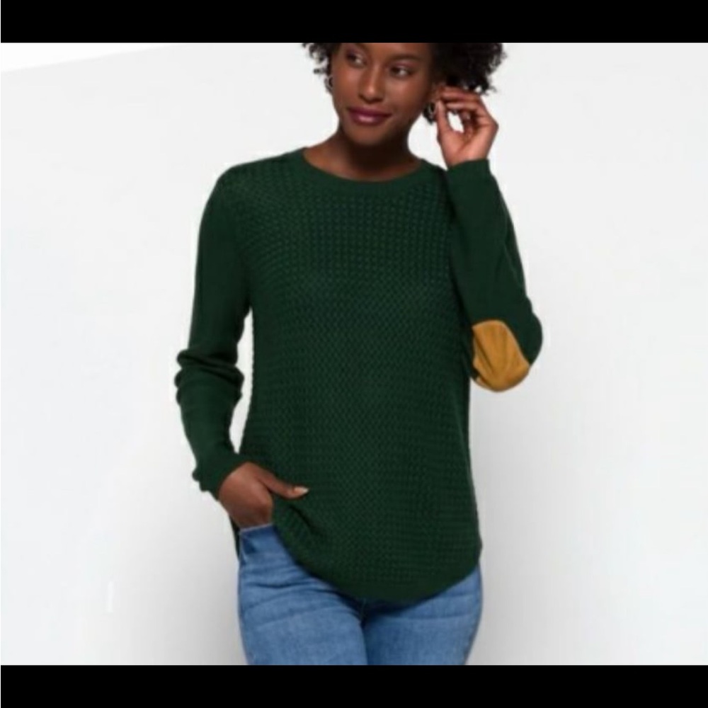 August Mist Dark Green Sweater Faux Suede Elbow Patches XS - Picture 2 of 5